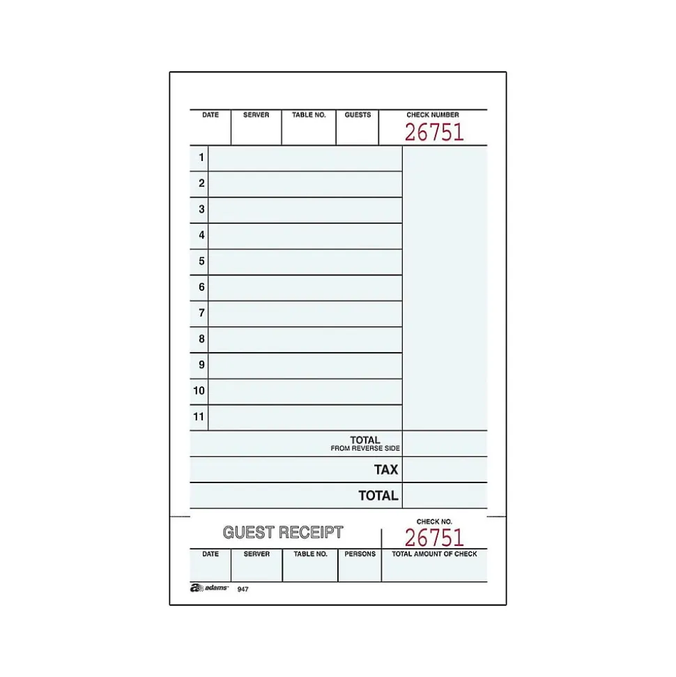 Adams 2-Part Carbonless Guest Checks, 4.25"L x 7.25"W, 250 Sets/Book (947SWC)