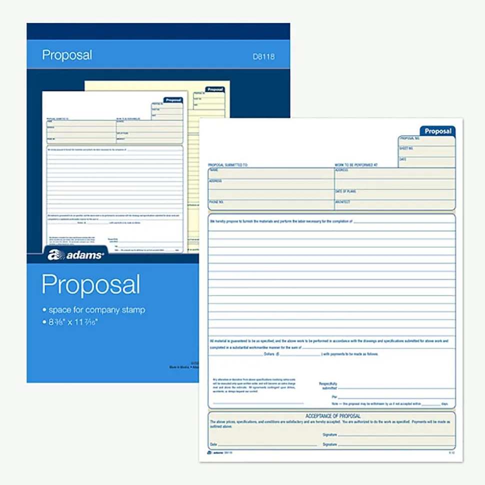 Adams 2-part carbonless Proposal Book, 8 3/8" x 11 7/16", 25 Sets/Book (D8118)