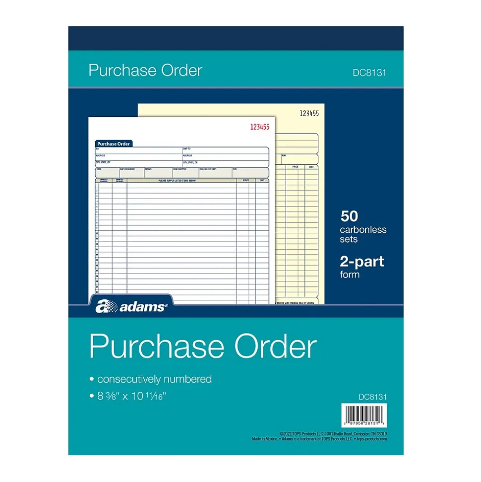 Adams 2-Part Carbonless Purchase Order, 8 3/8" x 11 7/16", 50 Sets/Book (DC8131)