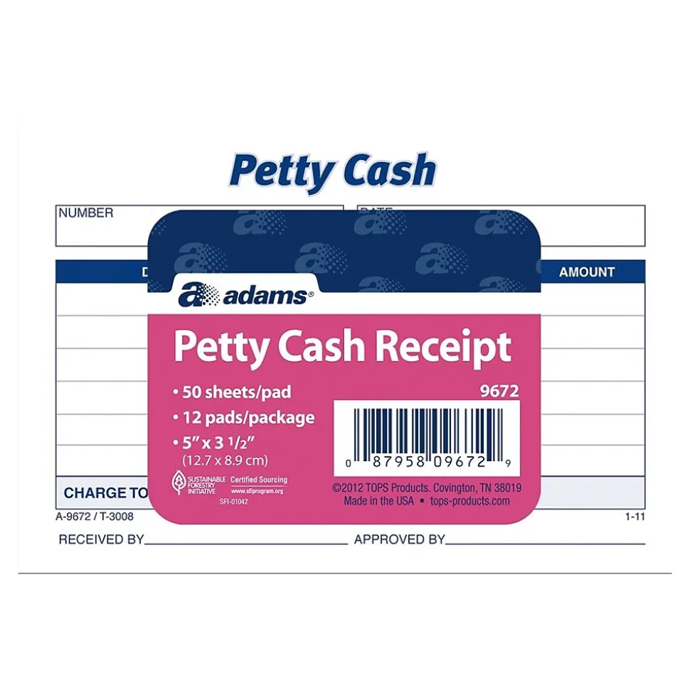 Adams 1-Part Carbonless Receipts, 5"L x 3.5"W, 50 Sets/Book, 12 (9672ABF)