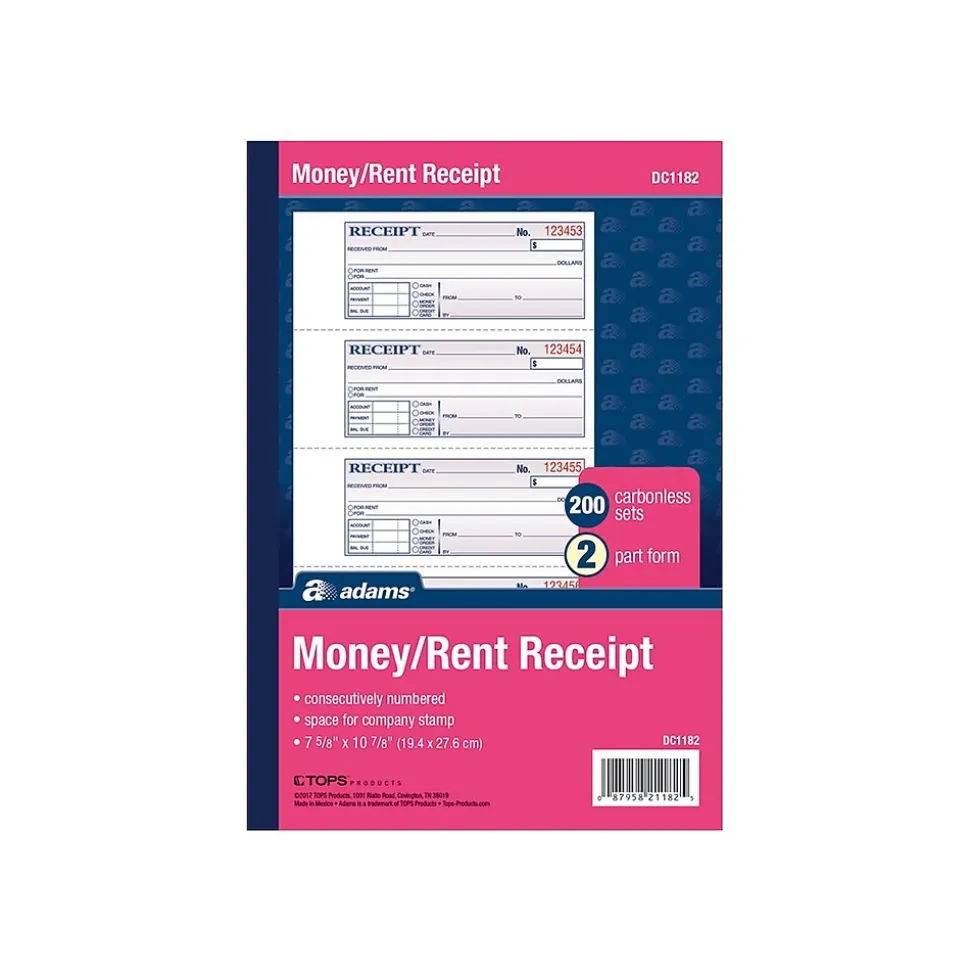 Adams 2-Part Carbonless Receipts, 2.75"L x 7.13"W, 200 Sets/Book (DC1182)