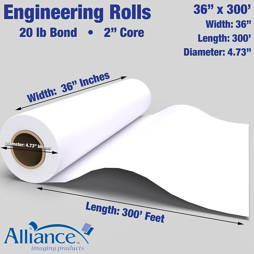 Alliance 20# Wide Format CAD Inkjet Bond Paper, 36" x 300', Uncoated, 2/Pack (36300)
