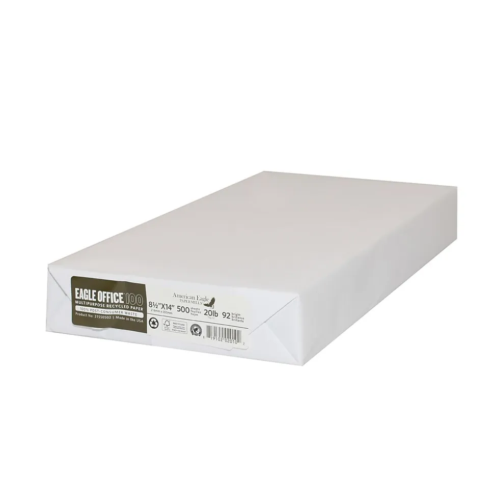 American Eagle 100% Recycled 8.5" x 14" Multipurpose Paper, 20 lbs., White, 500 Sheets/Ream (31550502)