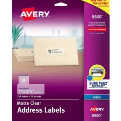 Avery Easy Peel Inkjet Address Labels, 1" x 2-5/8", Clear, 750 Labels/Pack (8660)