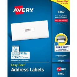 Avery Easy Peel Inkjet Address Labels, 1" x 2-5/8", White, 3,000 Labels/Box (8460)