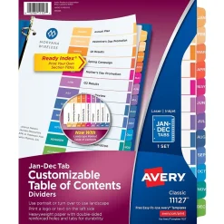Avery Ready Index Table of Contents Pre-Printed Monthly Paper Divider, Jan - Dec Tabs, Multicolor, 1 Set (11127) New