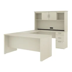 Bestar Logan 66"W U or L-Shaped Executive Office Desk with Pedestal and Hutch, White Chocolate (46410-31)