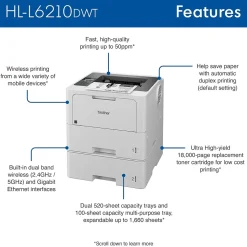 Brother HL‐L6210DWT Business Monochrome Laser Printer, Dual Paper Trays, Wireless Networking