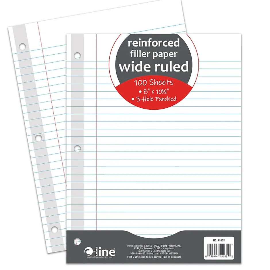 C-Line Reinforced Wide Ruled Filler Paper, 8" x 10.5", 3-Hole Punched, 100 Sheets/Pack, 6/Bundle (CLI21032-6) Hot