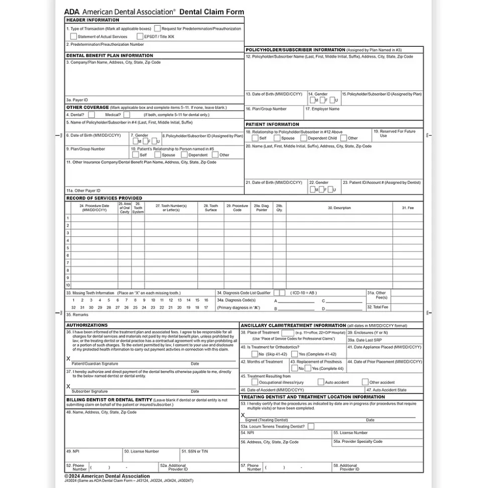 ComplyRight 2024 ADA Dental Claim Forms, 100 Forms/Pack (20241100)
