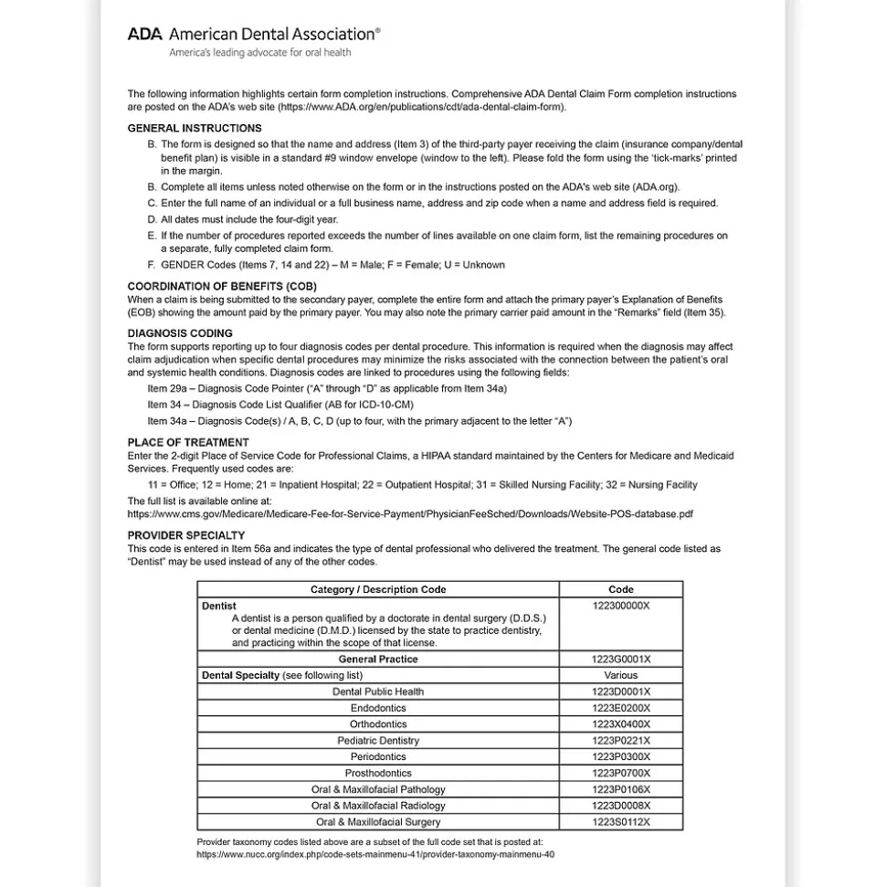 ComplyRight 2024 ADA Dental Claim Forms, 100 Forms/Pack (20241100)