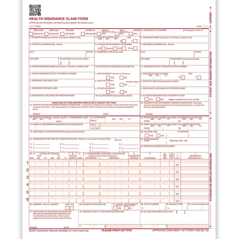 ComplyRight CMS-1500 Health Insurance Claim Forms (02/12), 8-1/2" x 11", Box of 1,000 (CMS12LC1)
