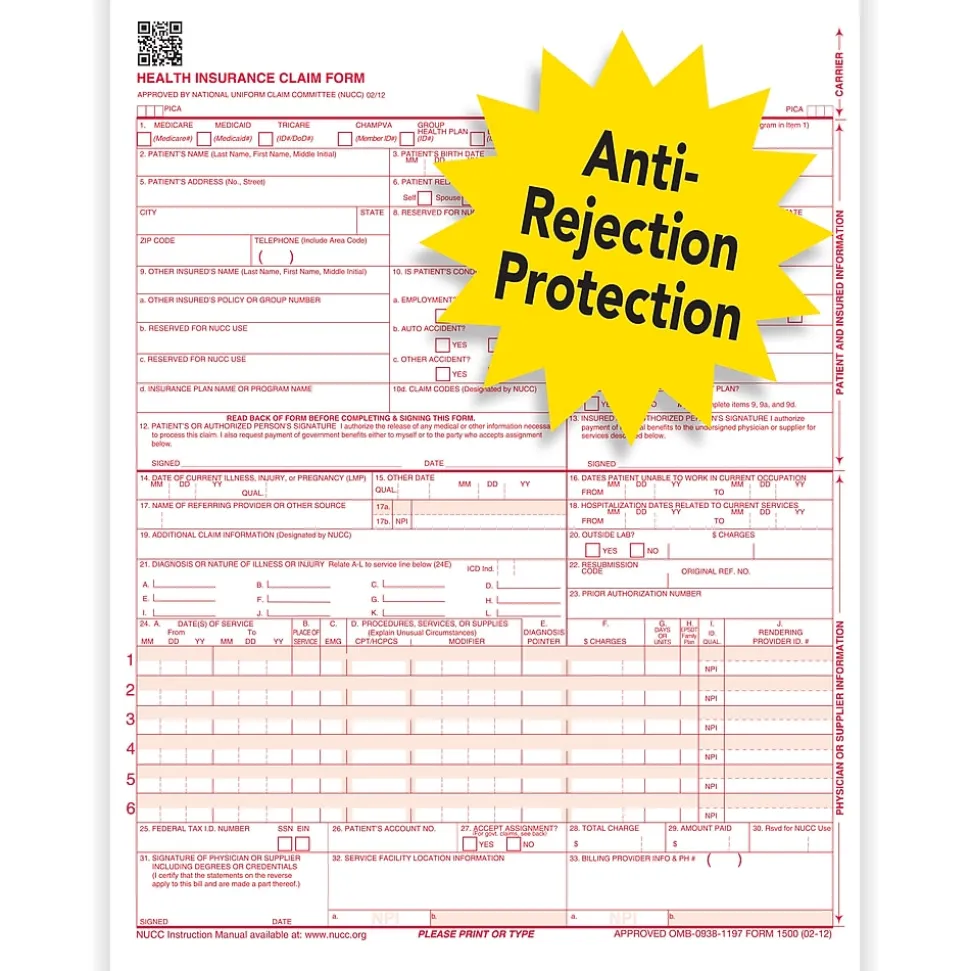 ComplyRight CMS-1500 Health Insurance Claim Forms (02/12), 8-1/2" x 11", Box of 1,000 (CMS12LC1)