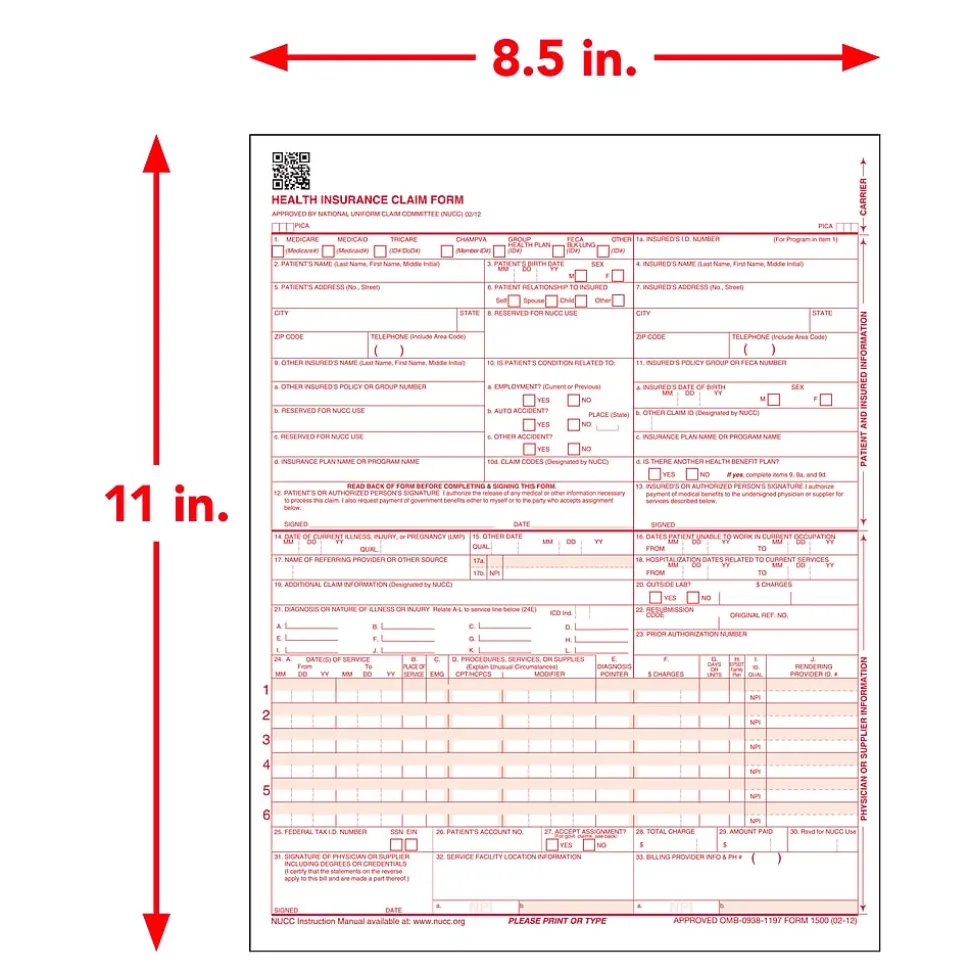 ComplyRight CMS-1500 Health Insurance Claim Forms (02/12), 8-1/2" x 11", Box of 1,000 (CMS12LC1)