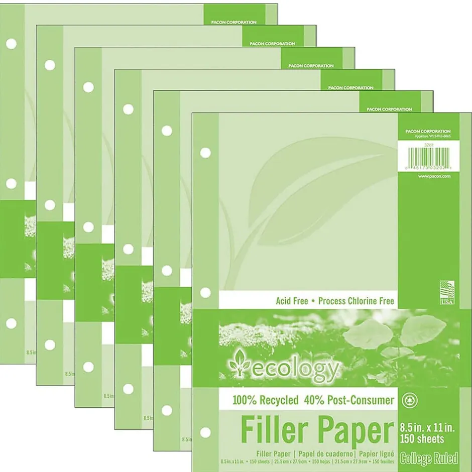 Ecology College Ruled Filler Paper, 8.5" x 11", 3-Hole Punched, 150 Sheets/Pack, 6/Bundle (PAC3202-6) Hot