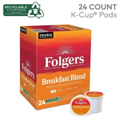 Folgers Breakfast Blend Coffee, Light Roast, 0.24 oz. Keurig® K-Cup® Pods, 24/Box (000370677/6684)