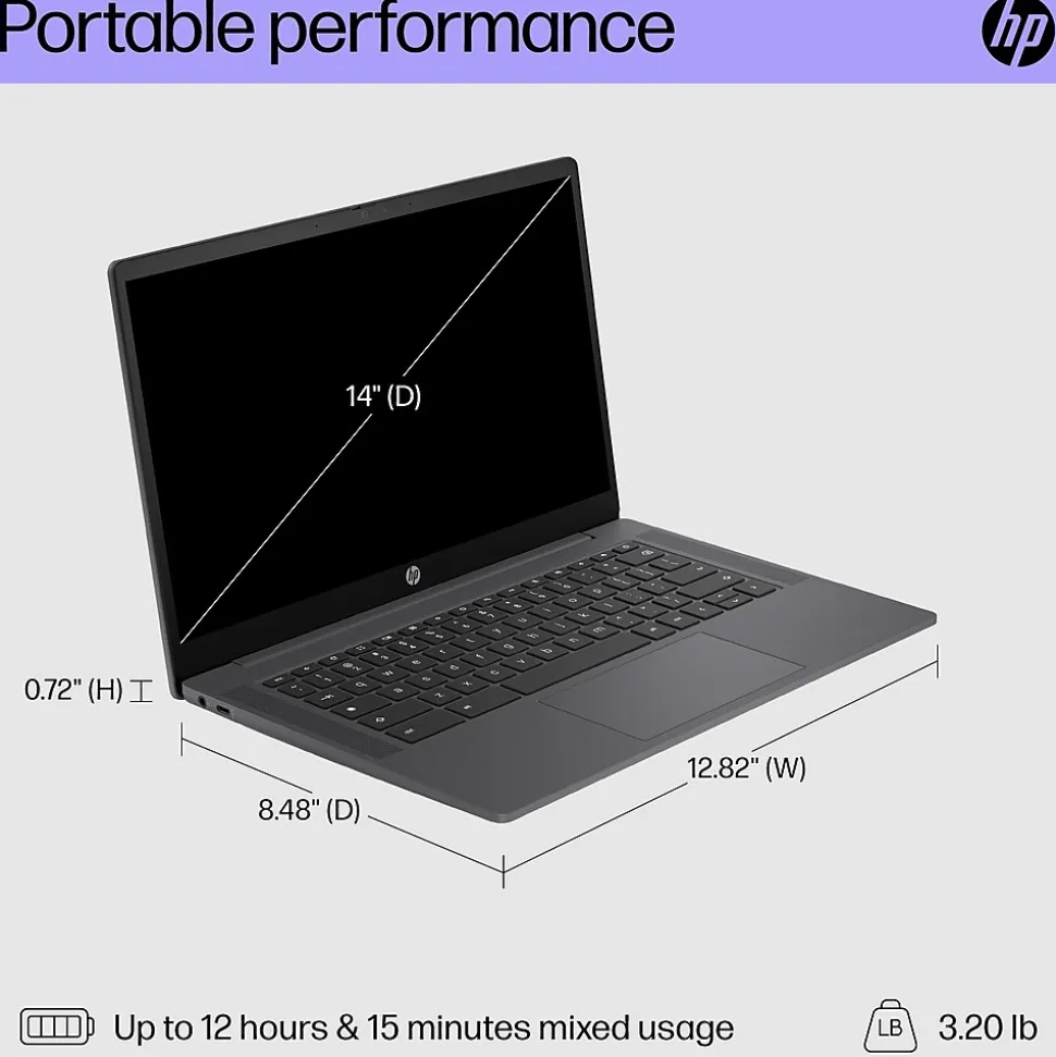 HP 14" Chromebook, Intel Processor N100, 4GB RAM, 64GB SSD, + 8.5 Hours Battery, Google Chrome