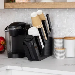 Mind Reader 4-Compartment Acrylic Cup and Lid Dispenser Coffee Countertop Organizer, Black (4ACUPHOLD-BLK)