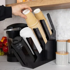 Mind Reader 4-Compartment Acrylic Cup and Lid Dispenser Coffee Countertop Organizer, Black (4ACUPHOLD-BLK)