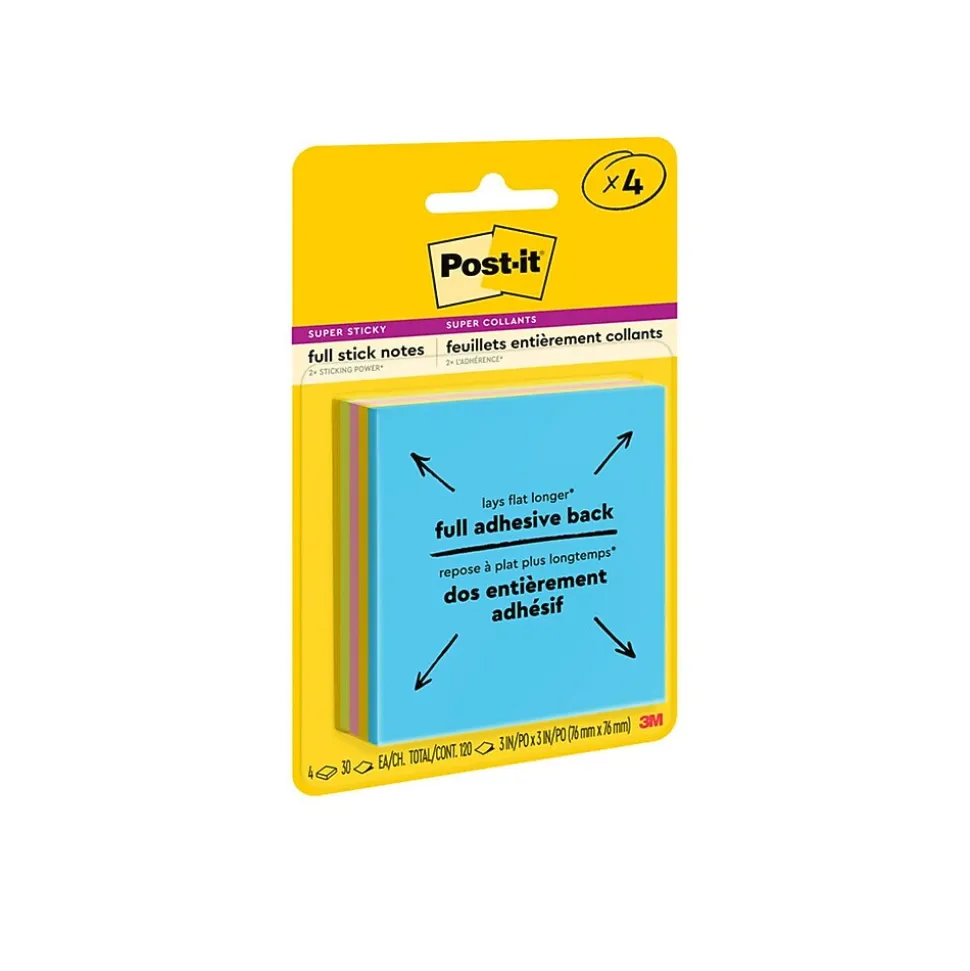 Post-it Full Adhesive Notes, 3" x 3", Energy Boost Collection, 30 Sheet/Pad, 4 Pads/Pack (F3304SSAU)