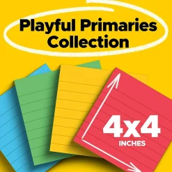 Post-it Super Sticky Notes, Playful Primaries Colors, Lined, 4 in x 4 in, 90 Sheets/Pad, 4 Pads/Pack (675-4SSAN)