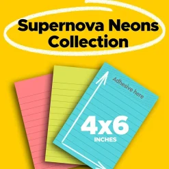 Post-it Super Sticky Notes, 4" x 6", Supernova Neons Collection, Lined, 90 Sheet/Pad, 3 Pads/Pack (660-3SSMIA)