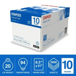 Staples Multiuse Copy Paper, 8.5" x 11", 20 lbs., 94 Brightness, 500 Sheets/Ream, 10 Reams/Carton (20472)