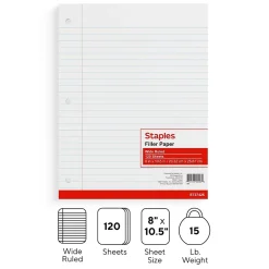 Staples ® Wide Ruled Filler Paper, 8" x 10.5", White, 120 Sheets/Pack (ST37426D) Outlet